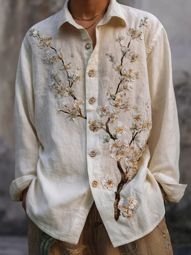 Men’s Floral Embroidered Linen Shirt – Vintage Artisan Long Sleeve Shirt