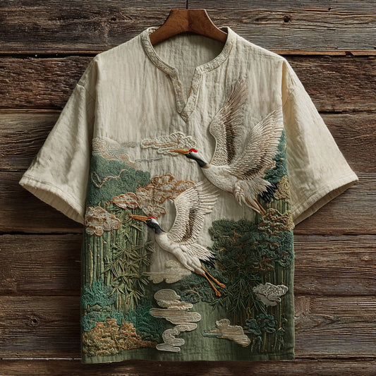 Japanese Crane Bamboo Shirt – Vintage Embroidered Style Short Sleeve Henley | FabricFox