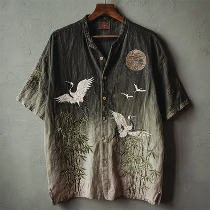Japanese Bamboo Crane Shirt – Vintage Gradient Art Short Sleeve Button Up | FabricFox