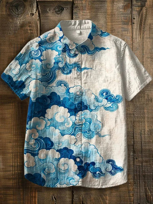 Japanese Cloud Art Shirt – Blue Sky Pattern Short Sleeve Button Up | FabricFox