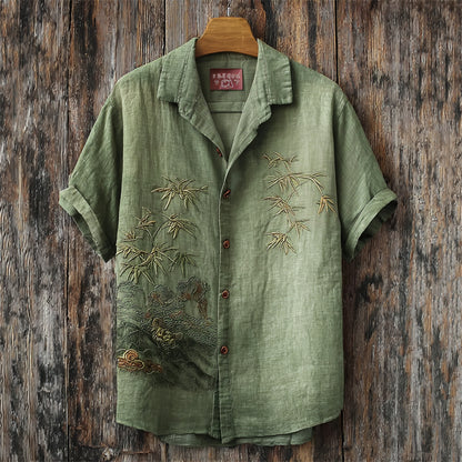 Japanese Bamboo Shirt – Olive Vintage Embroidered Style Short Sleeve Button Up | FabricFox