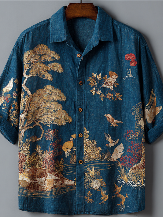 Japanese Crane Floral Shirt – Vintage Embroidered Style Short Sleeve Button Up | FabricFox