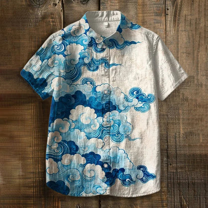 Japanese Cloud Art Shirt – Blue Sky Pattern Short Sleeve Button Up | FabricFox