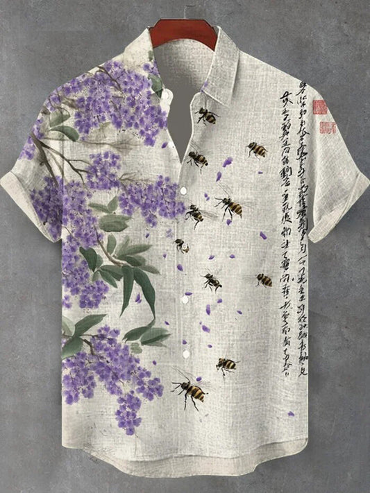 Japanese Floral Bee Shirt – Vintage Calligraphy Art Short Sleeve Button Up | FabricFox