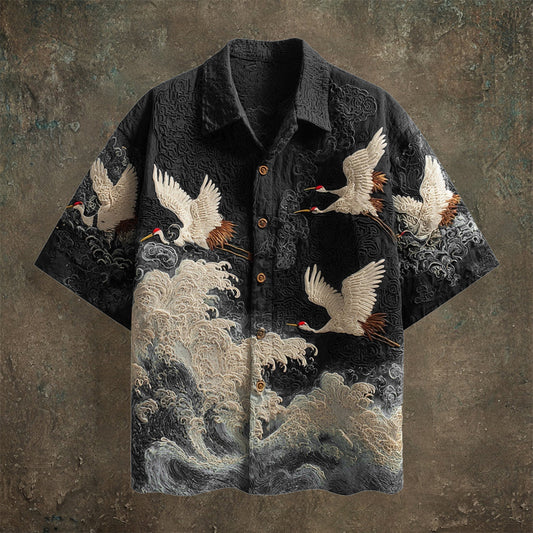 Japanese Crane Wave Shirt – Vintage Art Print Short Sleeve Button Up | FabricFox