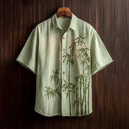 Japanese Bamboo Shirt – Sage Green Minimal Art Short Sleeve Button Up | FabricFox