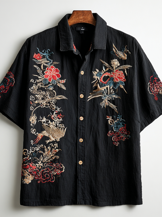 Japanese Crane Floral Shirt – Vintage Embroidered Style Short Sleeve Button Up | FabricFox