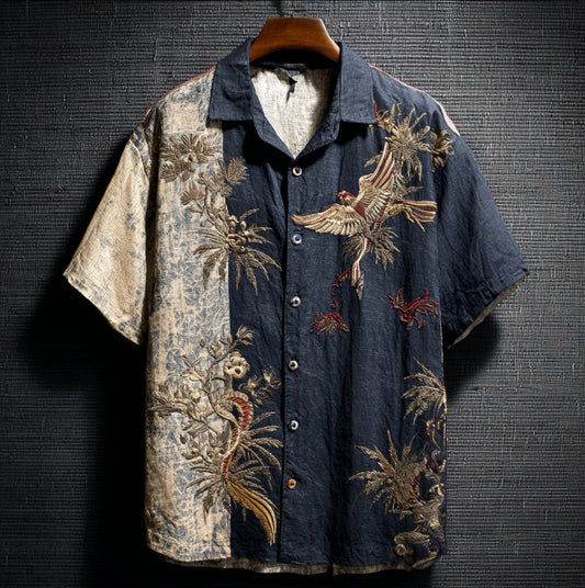 Japanese Crane Night Shirt – Vintage Art Split-Tone Short Sleeve Button Up | FabricFox