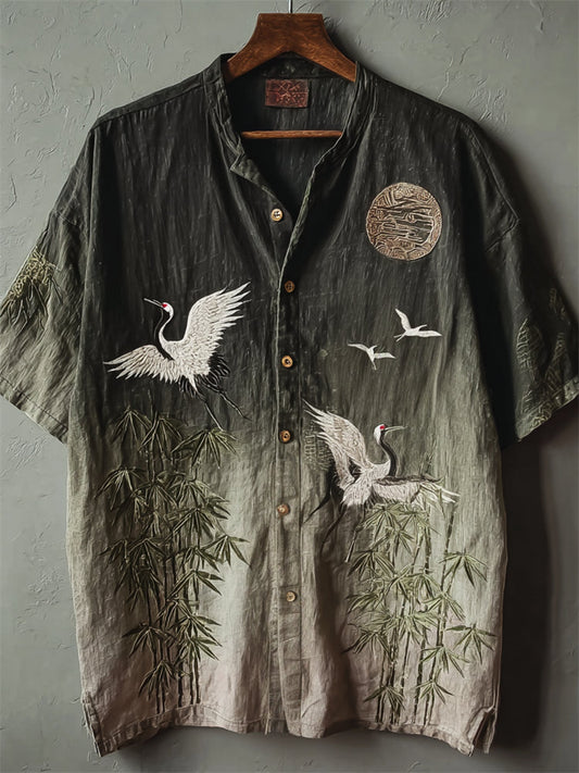 Japanese Bamboo Crane Shirt – Vintage Gradient Art Short Sleeve Button Up | FabricFox