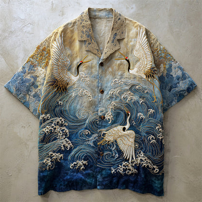 Japanese Crane Wave Shirt – Vintage Ocean Art Short Sleeve Button Up | FabricFox