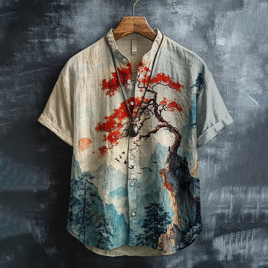 Japanese Landscape Tree Shirt – Vintage Art Print Short Sleeve Button Up | FabricFox