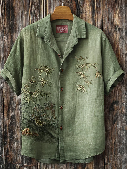 Japanese Bamboo Shirt – Olive Vintage Embroidered Style Short Sleeve Button Up | FabricFox