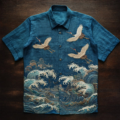 Japanese Crane Wave Shirt – Indigo Ocean Art Short Sleeve Button Up | FabricFox