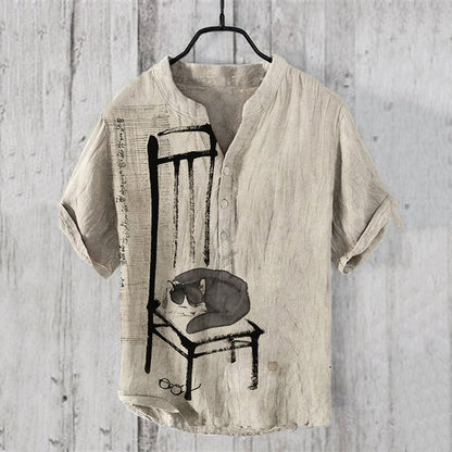 Japanese Ink Cat Shirt – Minimalist Art Short Sleeve Henley | FabricFox