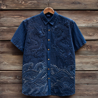 Japanese Dragon Wave Shirt – Indigo Embroidered Style Short Sleeve Button Up | FabricFox