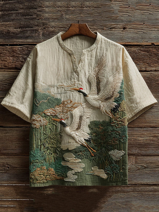 Japanese Crane Bamboo Shirt – Vintage Embroidered Style Short Sleeve Henley | FabricFox
