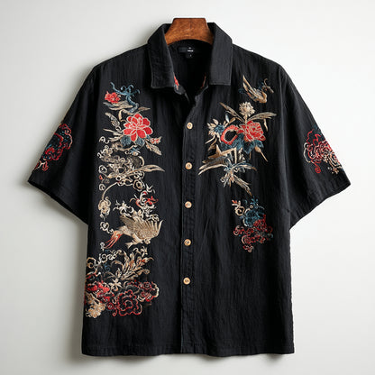 Japanese Crane Floral Shirt – Vintage Embroidered Style Short Sleeve Button Up | FabricFox