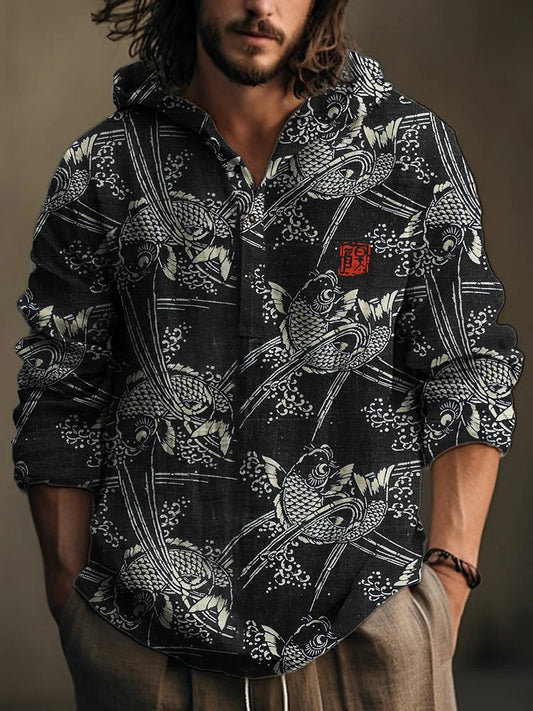 Men’s Koi Fish Print Hooded Shirt – Japanese Art Casual Long Sleeve Shirt