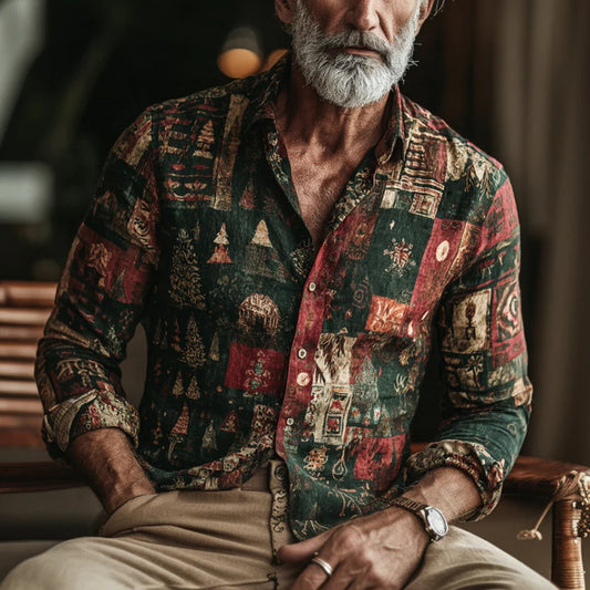 Men’s Vintage Patchwork Print Linen Shirt – Artisan Heritage Edition