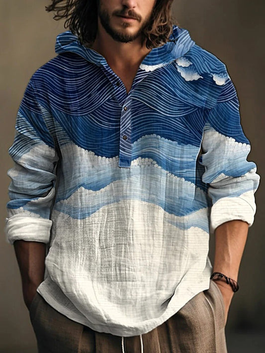 Men’s Ocean Wave Hooded Linen Shirt – Japanese Wave Art Pullover