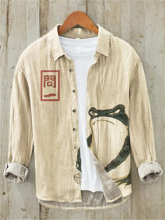 Men’s Japanese Art Linen Shirt – Vintage Frog Print Button-Up