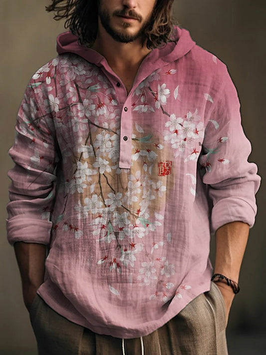 Men’s Floral Art Hooded Shirt – Vintage Japanese Style Casual Long Sleeve Shirt