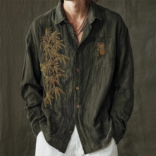Men’s Bamboo Embroidered Linen Shirt – Vintage Zen Style Long Sleeve Shirt