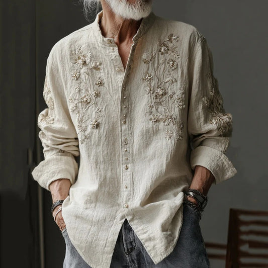 Men’s Embroidered Linen Shirt – Handcrafted Floral Vintage Style