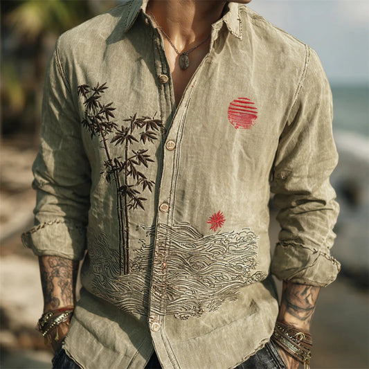 Men’s Zen Bamboo & Wave Embroidered Linen Shirt – Vintage Coastal Long Sleeve Shirt
