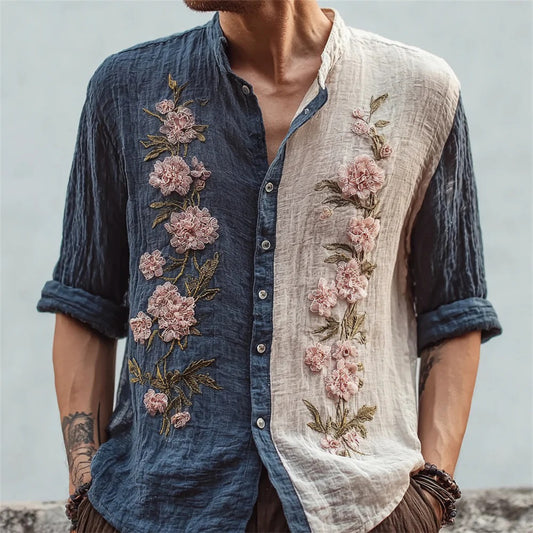 Men’s Two-Tone Floral Embroidered Linen Shirt – Vintage Artisan Long Sleeve Shirt