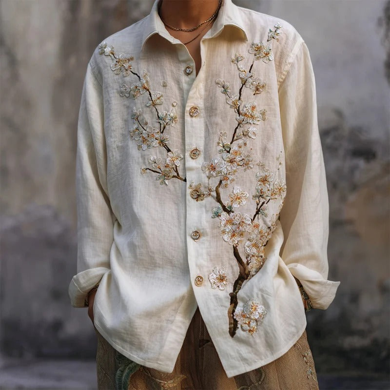 Men’s Floral Embroidered Linen Shirt – Vintage Artisan Long Sleeve Shirt