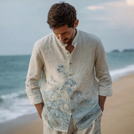 Men’s Coastal Embroidered Linen Shirt | Zen Wave Style