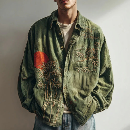 Men’s Olive Bamboo Sun Embroidered Linen Jacket Shirt – Artisan Zen Layer