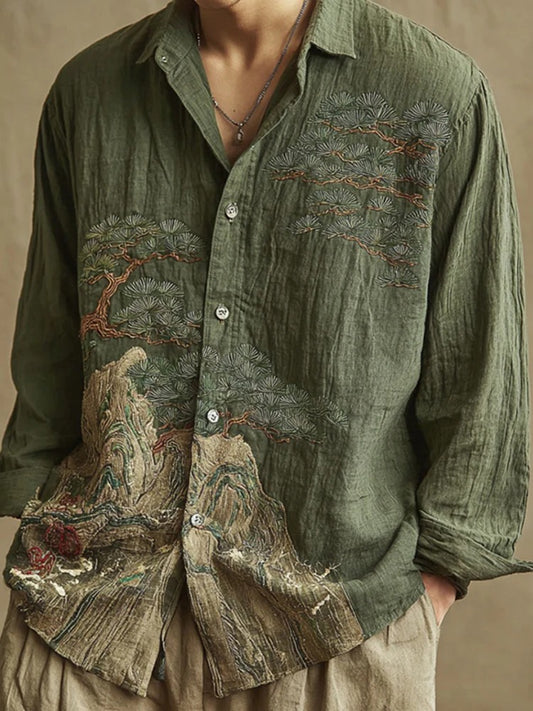 Men’s Vintage Embroidered Linen Shirt – Premium Artisan Long Sleeve Shirt