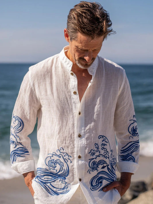 Men’s White Coastal Wave Embroidered Linen Shirt – Zen Beach Long Sleeve Shirt