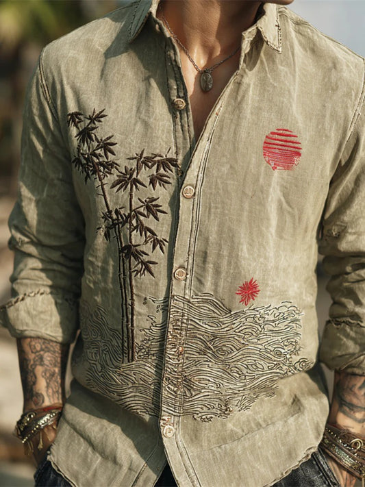 Men’s Zen Bamboo & Wave Embroidered Linen Shirt – Vintage Coastal Long Sleeve Shirt